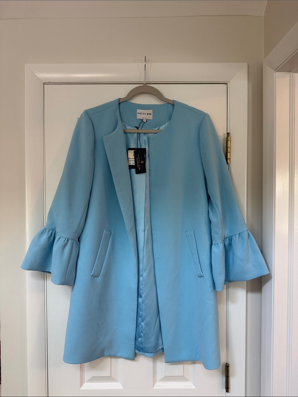 PATTY KIM Sky Blue Ruffle-Sleeve Open Blazer